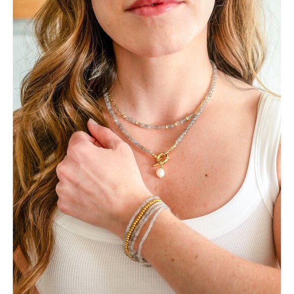 Labradorite Beaded Necklace w/ Gold Toggle Clasp + Removable Pearl BEAUTIFUL - Picture 3 of 15